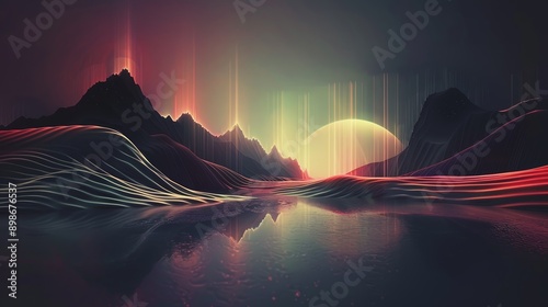 Fototapeta Naklejka Na Ścianę i Meble -  Futuristic alien planet landscape is reflecting on water with neon lights and a giant sun