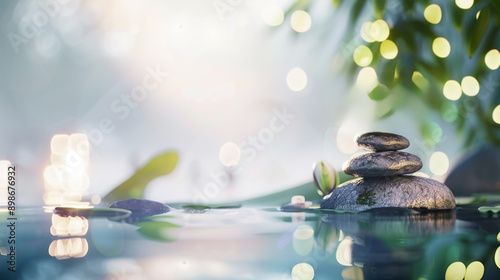 spa still life background with stack of Zen stones on water surface. Candles lights on background with bokeh