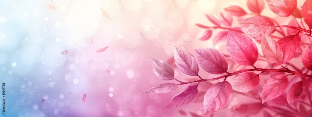  A tight shot of a pink-blue backdrop, featuring a tree branch with foliage in the foreground