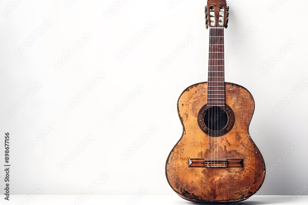 Fototapeta premium Old Vintage Acoustic Guitar On White Background
