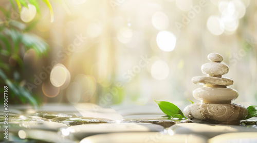 stack of zen stones with green on nature with bokeh background