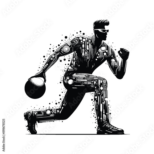 Bowling  male player in celtic knot pattern illustration, emblem shield badge