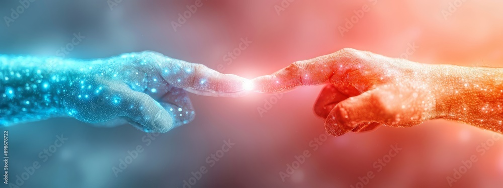 Fototapeta premium red & blue background with luminescent dots - hands emitting lights