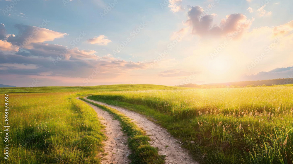 Fototapeta premium A path leading to a bright horizon with signs labeled Goals and Purpose, clean landscape background, representing the journey towards meaningful achievements, ample copy space