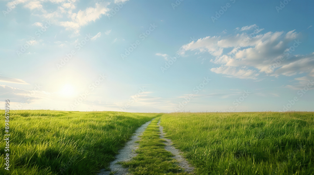 A path leading to a bright horizon with signs labeled Goals and Purpose, clean landscape background, representing the journey towards meaningful achievements, ample copy space A path leading to a bright horizon with signs labeled Goals and Purpose, clean landscape background, representing the journey towards meaningful achievements, ample copy space