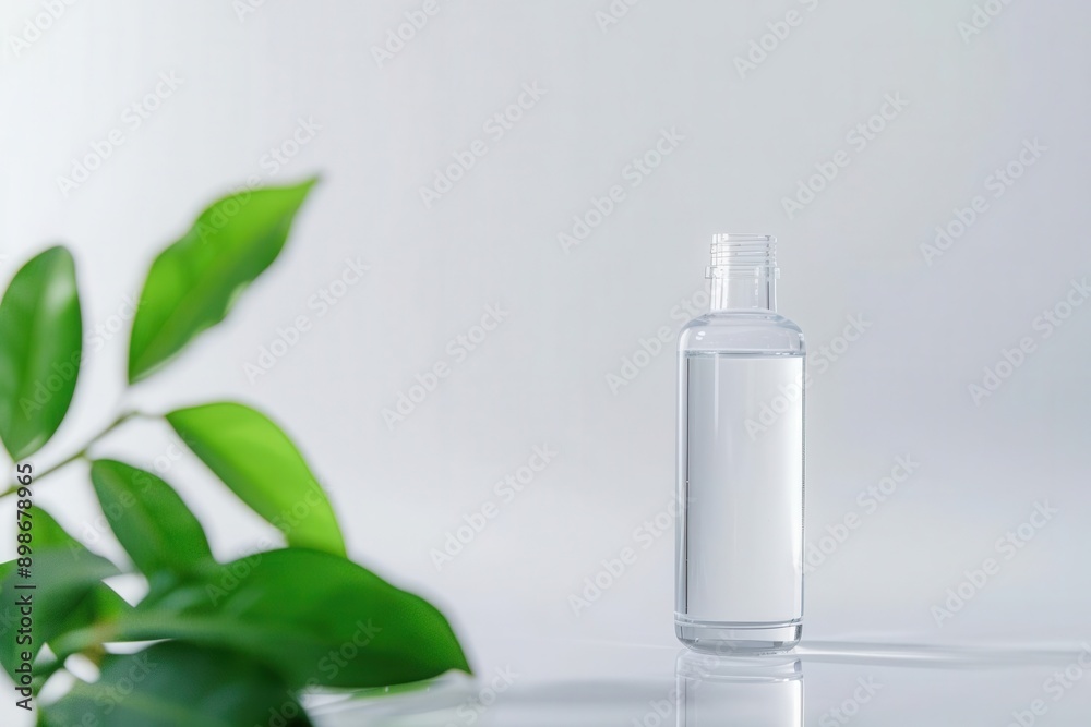 Minimalistic design featuring a clear bottle with a natural leaf, perfect for skincare and wellness products. Minimalistic design featuring a clear bottle with a natural leaf, perfect for skincare and wellness products.