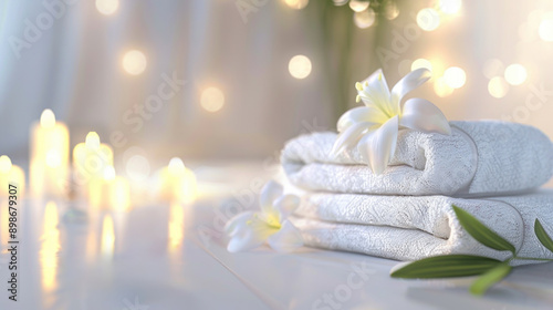 White Spa Towels with Lily Flowers and Candlelight for a Serene Spa Ambiance