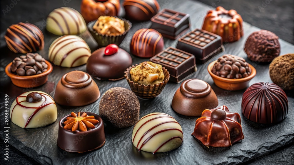 A Delicious Assortment of Chocolate Truffles on a Slate Plate, Assorted Chocolates, Gourmet Chocolates, Chocolate Delights, Chocolate Candy A Delicious Assortment of Chocolate Truffles on a Slate Plate, Assorted Chocolates, Gourmet Chocolates, Chocolate Delights, Chocolate Candy