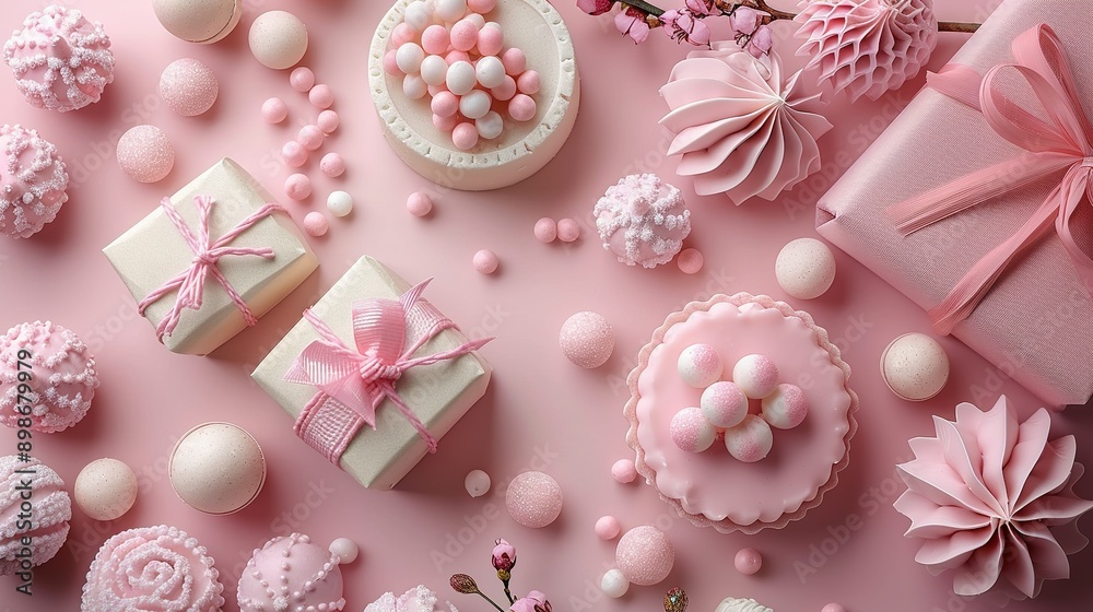 Baby Shower Essentials: Pink Background with Lovely Baby Girl Accessories Baby Shower Essentials: Pink Background with Lovely Baby Girl Accessories