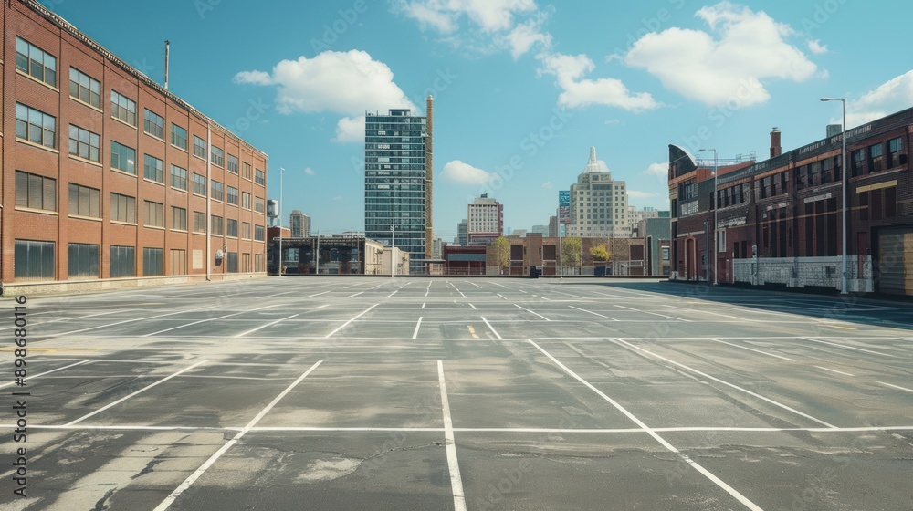 Fototapeta premium Close-up view of an empty parking lot surrounded by buildings on a sunny summer day. Ai generated image