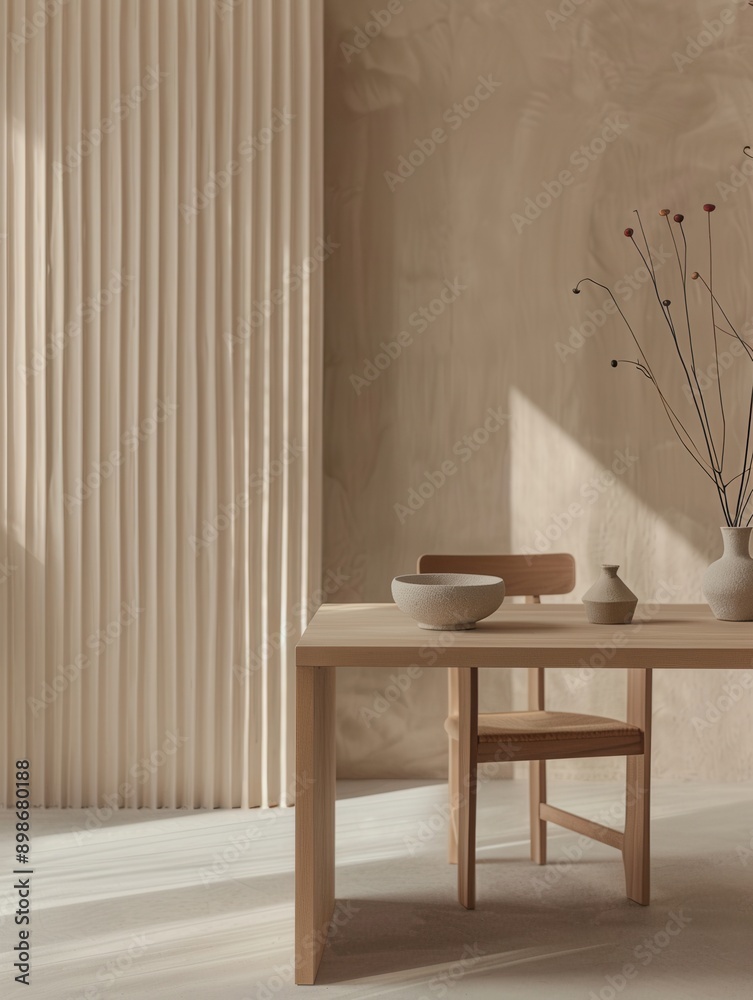 A single wooden chair sits at a light wood table in a sunlit room with sheer curtains. Generative AI A single wooden chair sits at a light wood table in a sunlit room with sheer curtains. Generative AI