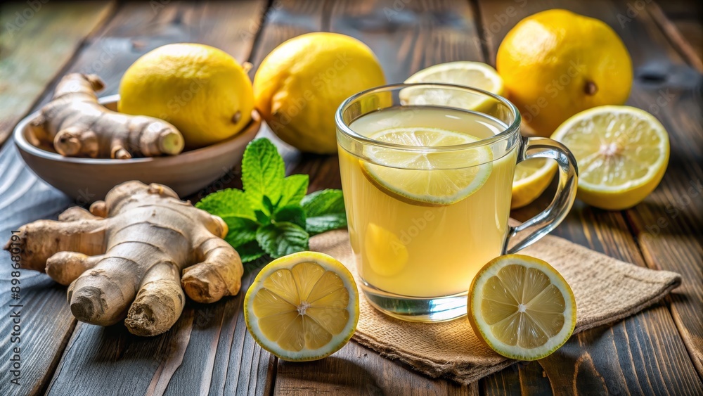 Fototapeta premium A Glass of Homemade Ginger Lemon Tea on Wooden Table, Close Up, Food Photography, Drink, Ginger Lemon Tea, Lemon, Ginger