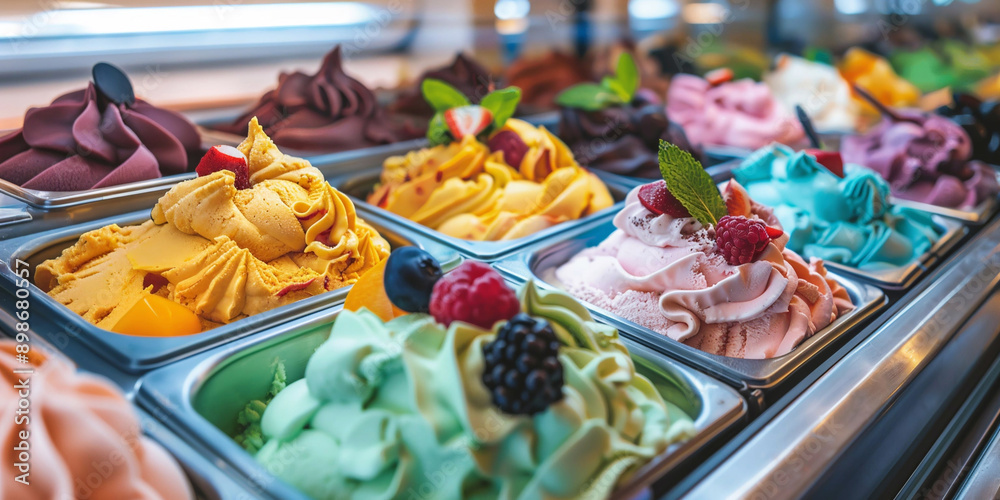 Fresh creamy gelato ice-cream in trays in dessert shop with various taste and fruits.Macro.AI Generative. Fresh creamy gelato ice-cream in trays in dessert shop with various taste and fruits.Macro.AI Generative.