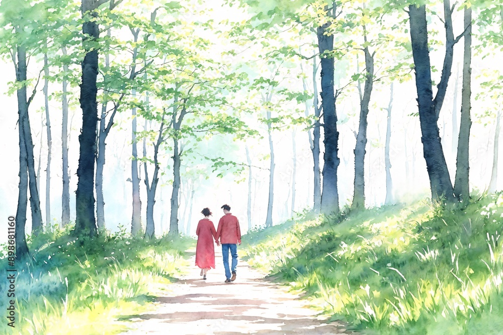 A water color of Families and couples enjoying a walk in the autumn park A water color of Families and couples enjoying a walk in the autumn park