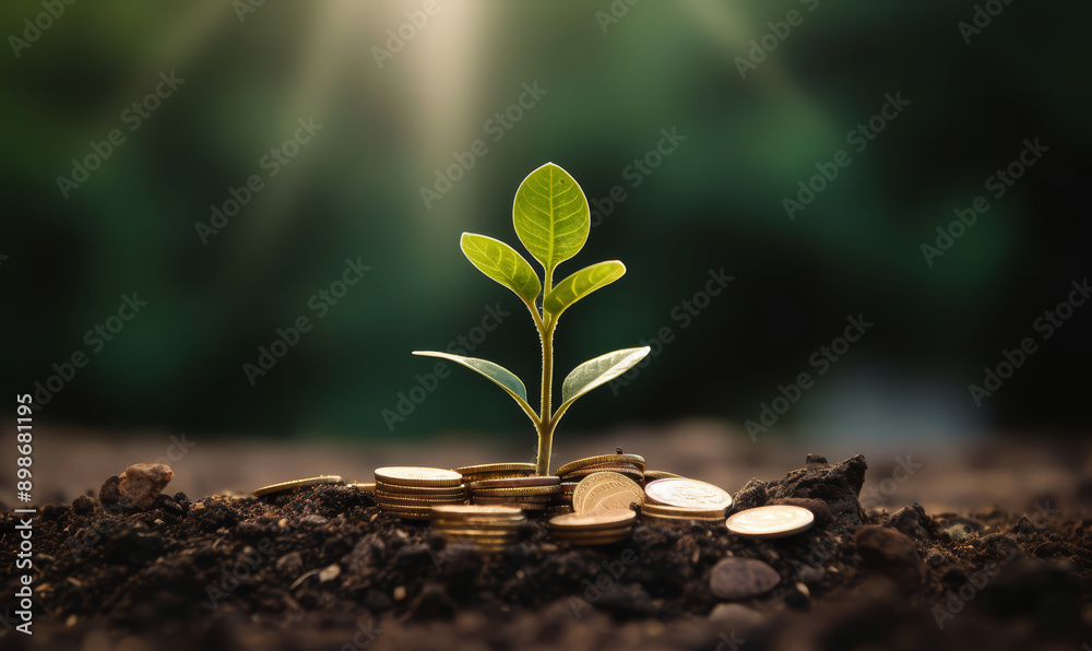 Stack of coins and a plant growing on the ground. Invesment symbol background Stack of coins and a plant growing on the ground. Invesment symbol background
