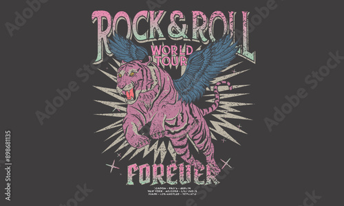 Tiger fly high t shirt print design. Animal rock and roll artwork for fashion and others.	