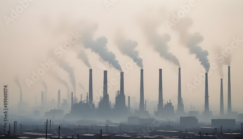 An urban skyline blanketed in a hazy smog where industrial complexes and smokestacks are the dominant features conveying the detrimental impact of climate change and the need for sustainable practices photo