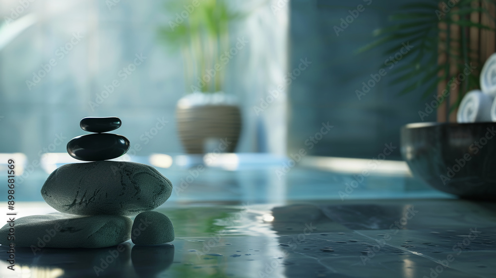 Stacked Zen Stones in Serene Spa Setting with Natural Greenery and Reflection Stacked Zen Stones in Serene Spa Setting with Natural Greenery and Reflection