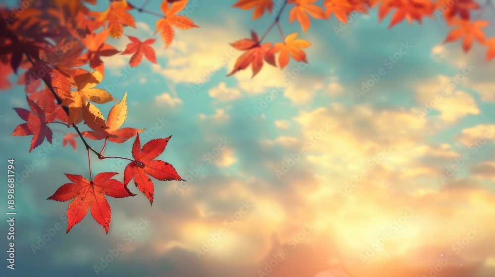 Maple branch with autumn leaves under sunset sky evokes nostalgia and romance Natural backdrop for text Maple branch with autumn leaves under sunset sky evokes nostalgia and romance Natural backdrop for text