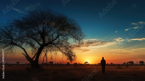 A silhouette of an man standing under a tree 
