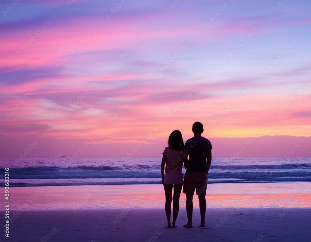 Fototapeta premium Silhouette of an old couple on the beach staring at the dreamy pastel violet pink colorful sky of sunset or sunrise