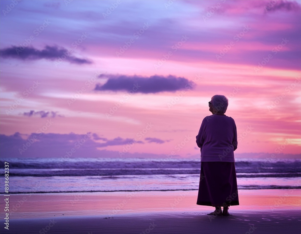 Fototapeta premium Silhouette of an old woman on the beach staring at the dreamy pastel violet pink colorful sky of sunset or sunrise