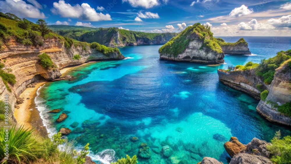 Aerial View of Crystal Clear Water Surrounded by Lush Green Cliffs in Bali, Indonesia, tropical beach, exotic location, paradise , island Aerial View of Crystal Clear Water Surrounded by Lush Green Cliffs in Bali, Indonesia, tropical beach, exotic location, paradise , island