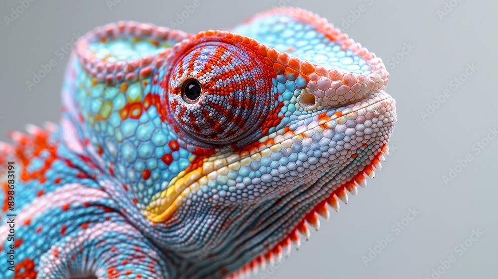Vibrant panther chameleon with intricate patterns and mesmerizing gaze against a grey background, conveying tranquility and wonder. Perfect for creative projects Vibrant panther chameleon with intricate patterns and mesmerizing gaze against a grey background, conveying tranquility and wonder. Perfect for creative projects