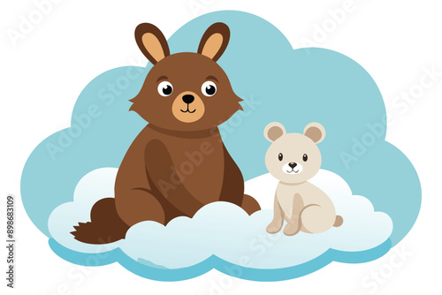 Cute brown bear puppy and rabbit pets, a fun cartoon animal illustration