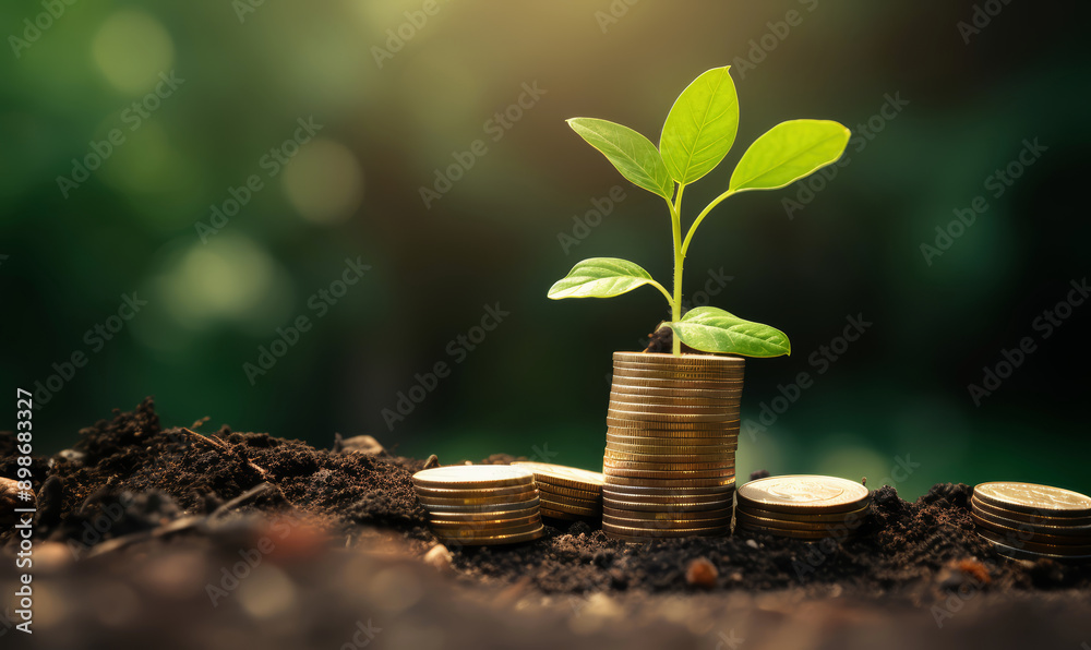 Stack of coins and a plant growing on the ground. Invesment symbol background Stack of coins and a plant growing on the ground. Invesment symbol background