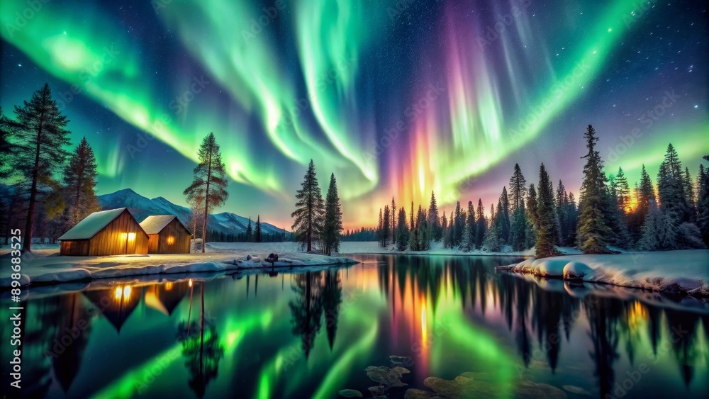 Obraz premium Aurora Borealis Reflecting on a Tranquil Lake with Cozy Cabins, Aurora Borealis, Northern Lights, Landscape, Nature