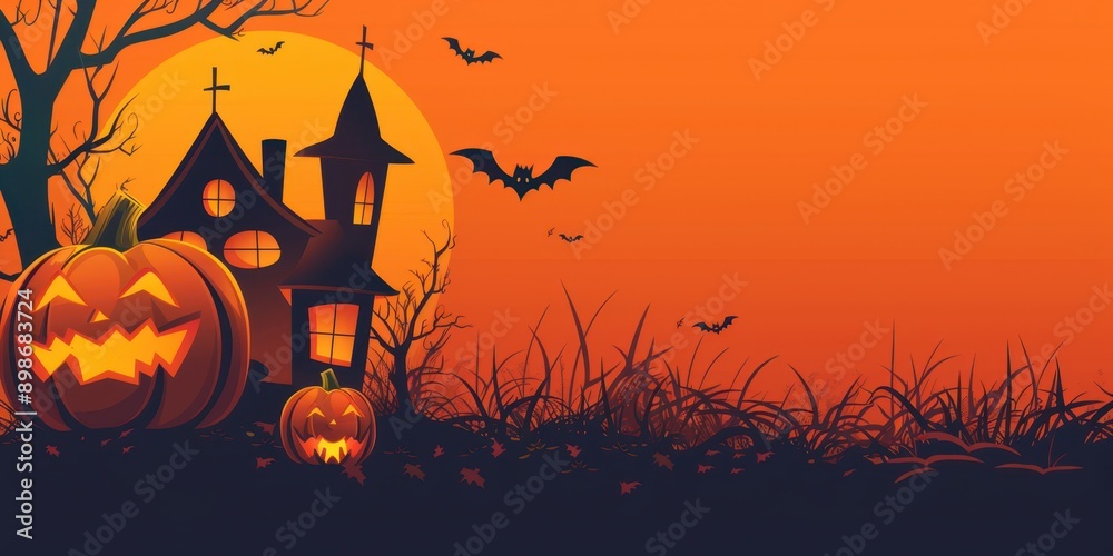 Halloween illustration with jack-o'-lanterns, haunted house, bats, and orange background. Festive and spooky holiday theme. Halloween illustration with jack-o'-lanterns, haunted house, bats, and orange background. Festive and spooky holiday theme.
