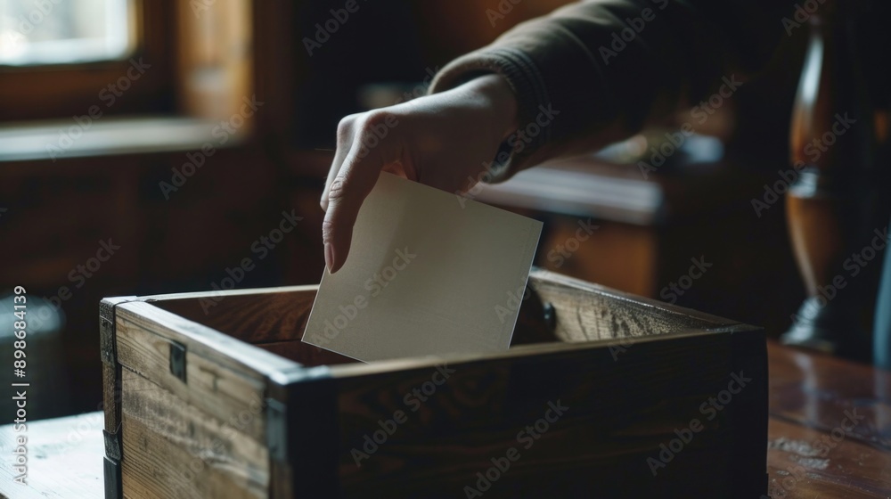 A person carefully places a piece of paper into a wooden box A person carefully places a piece of paper into a wooden box