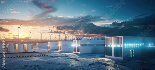  New Energy concept image.modern battery energy storage system with wind turbines and solar panel power plants in background at sunset.