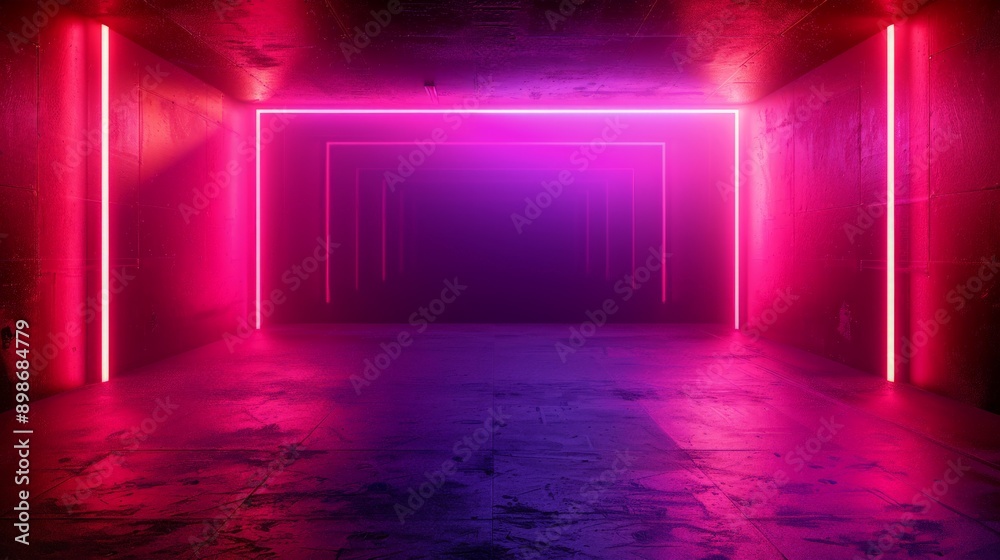 Foggy atmosphere created by purple and pink neon lights in a grunge corridor Foggy atmosphere created by purple and pink neon lights in a grunge corridor