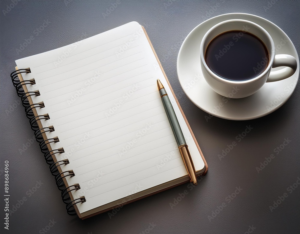 Art of journaling, featuring a notebook with open blank page with space for mockup with coffee, ready for writing the thoughts, clean and tidy morning or evening routine for the mindfulness lifestyle Art of journaling, featuring a notebook with open blank page with space for mockup with coffee, ready for writing the thoughts, clean and tidy morning or evening routine for the mindfulness lifestyle