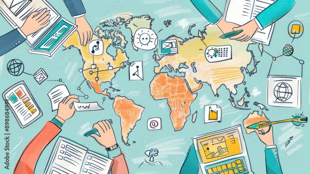 International communication flat design top view theme modern technology cartoon drawing colored pastel International communication flat design top view theme modern technology cartoon drawing colored pastel