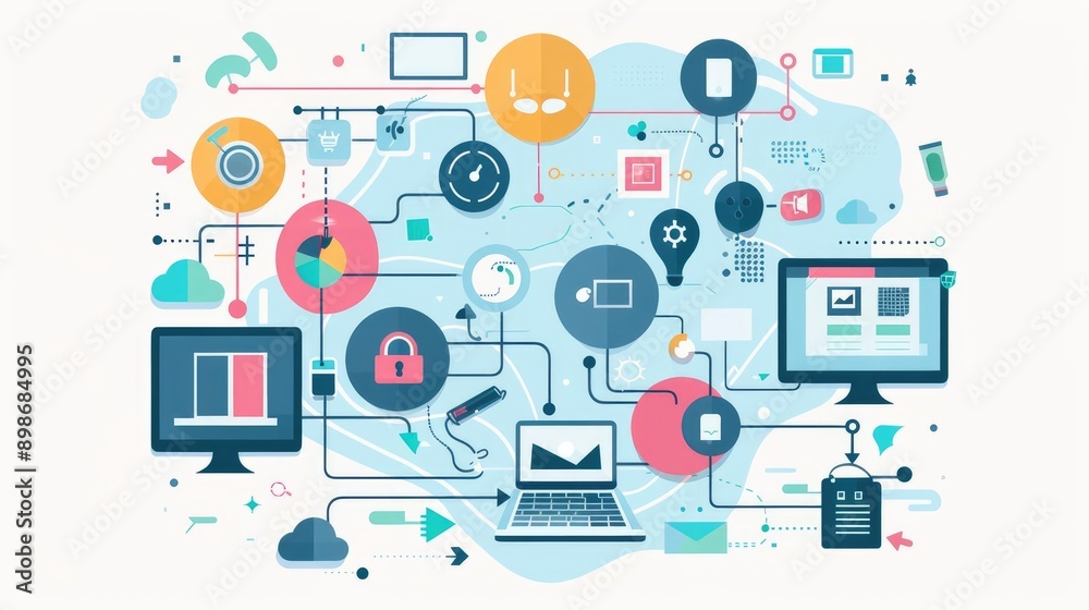 Network flat design top view theme information technology water color vivid Network flat design top view theme information technology water color vivid