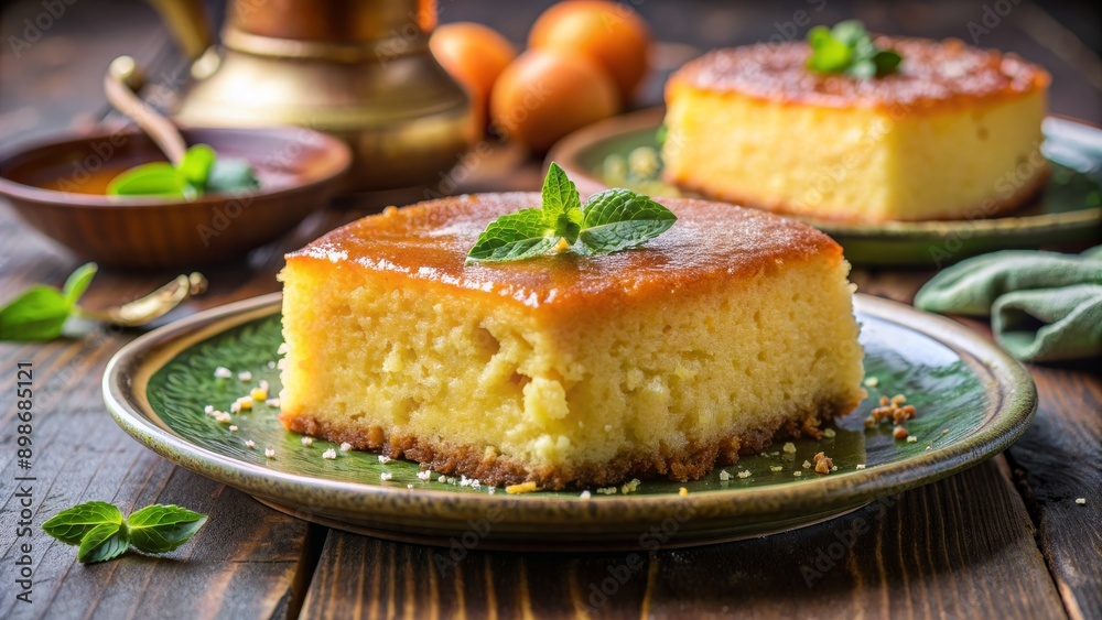 Close-up of a Single Slice of Honey Cake with Mint Garnish on a Green Plate, dessert , honey cake , mint , cake Close-up of a Single Slice of Honey Cake with Mint Garnish on a Green Plate, dessert , honey cake , mint , cake