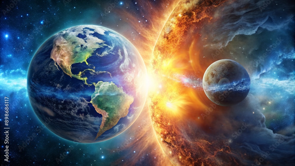 Cosmic Collision Earth and a fiery planet, digital art, planets, space, nebula, stars, explosion Cosmic Collision Earth and a fiery planet, digital art, planets, space, nebula, stars, explosion