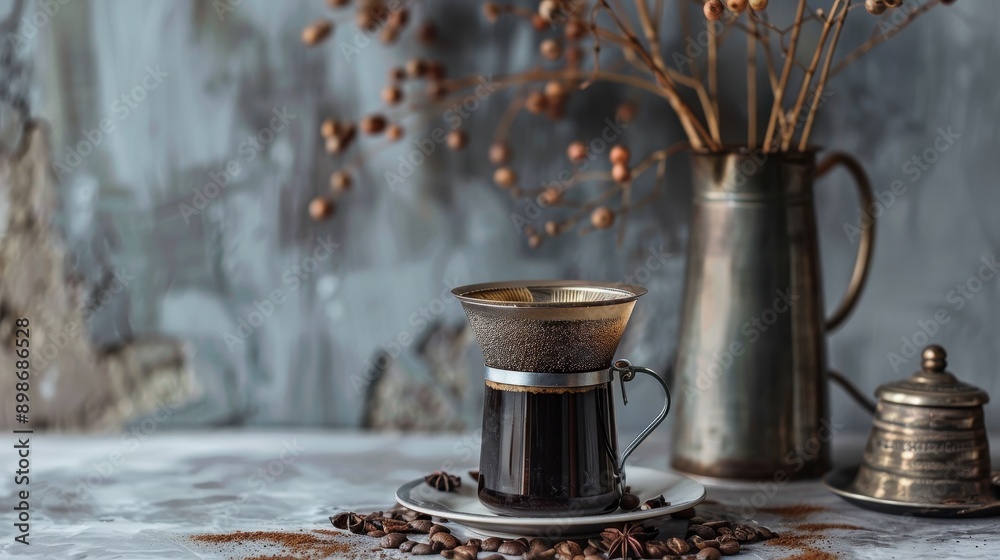 A cozy scene featuring brewed coffee in a stylish cup, surrounded by coffee beans and rustic decor, perfect for coffee lovers. A cozy scene featuring brewed coffee in a stylish cup, surrounded by coffee beans and rustic decor, perfect for coffee lovers.