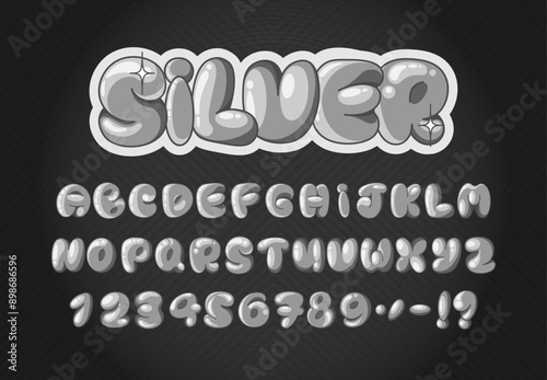 Silver Bubble Alphabet. Silver plump font with uppercase letters, numbers and punctuation. Glossy, metallic 3D effect letters. Ideal for modern design projects, luxury logos and typography. Vector.