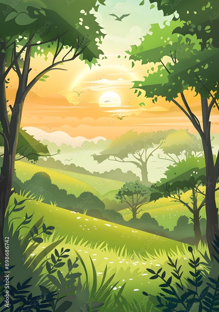 Naklejka premium Sunrise Over Green Hills and Lush Forests