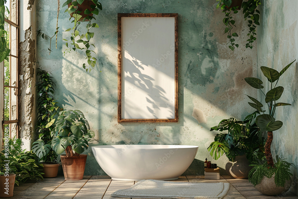 Bohemian bathroom natural materials with empty frame