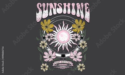 Flower with sun moon graphic print artwork. Stay wild. Floral artwork for t shirt print, poster, sticker, background and other uses. Sunshine, stay magical artwork.