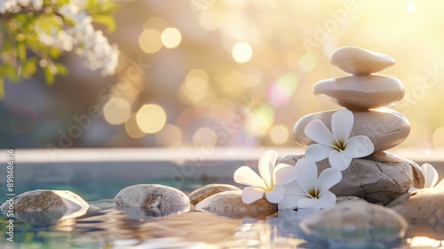 Backdrop for salon spa center with towels and flowers near pool in candles light. Background with copy space