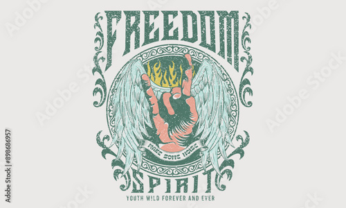 Rock and roll with wing logo artwork for t-shirt and others. Freedom spirit music artwork.
