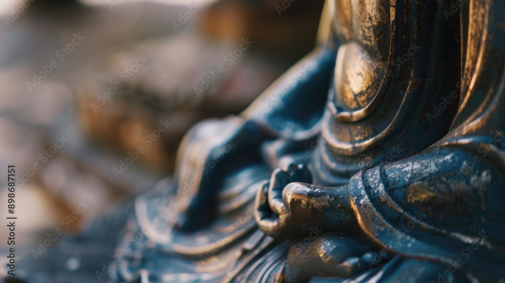 Buddha statue in meditation Close-up hand details with bokeh background in warm golden light Buddha statue in meditation Close-up hand details with bokeh background in warm golden light