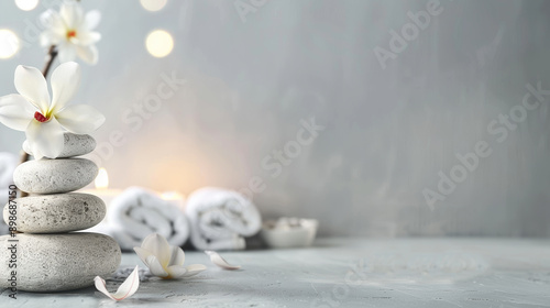 Background for salon spa center with towels candles flowers and stones. Background with copy space