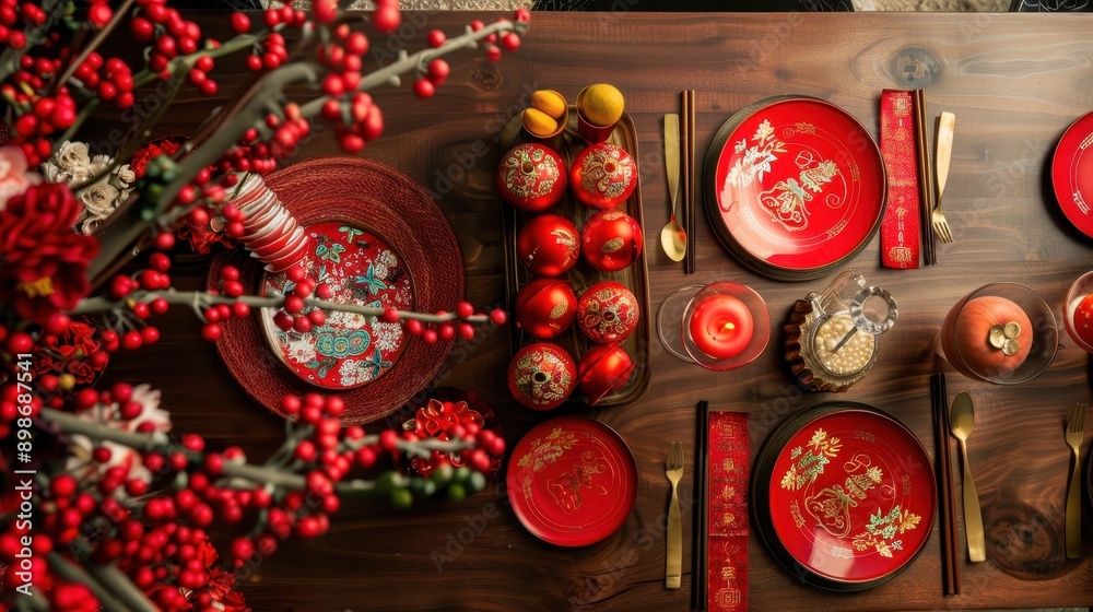 Stylish Chinese dining table set with red plates, candles, and decorative elements for festive celebrations. Stylish Chinese dining table set with red plates, candles, and decorative elements for festive celebrations.